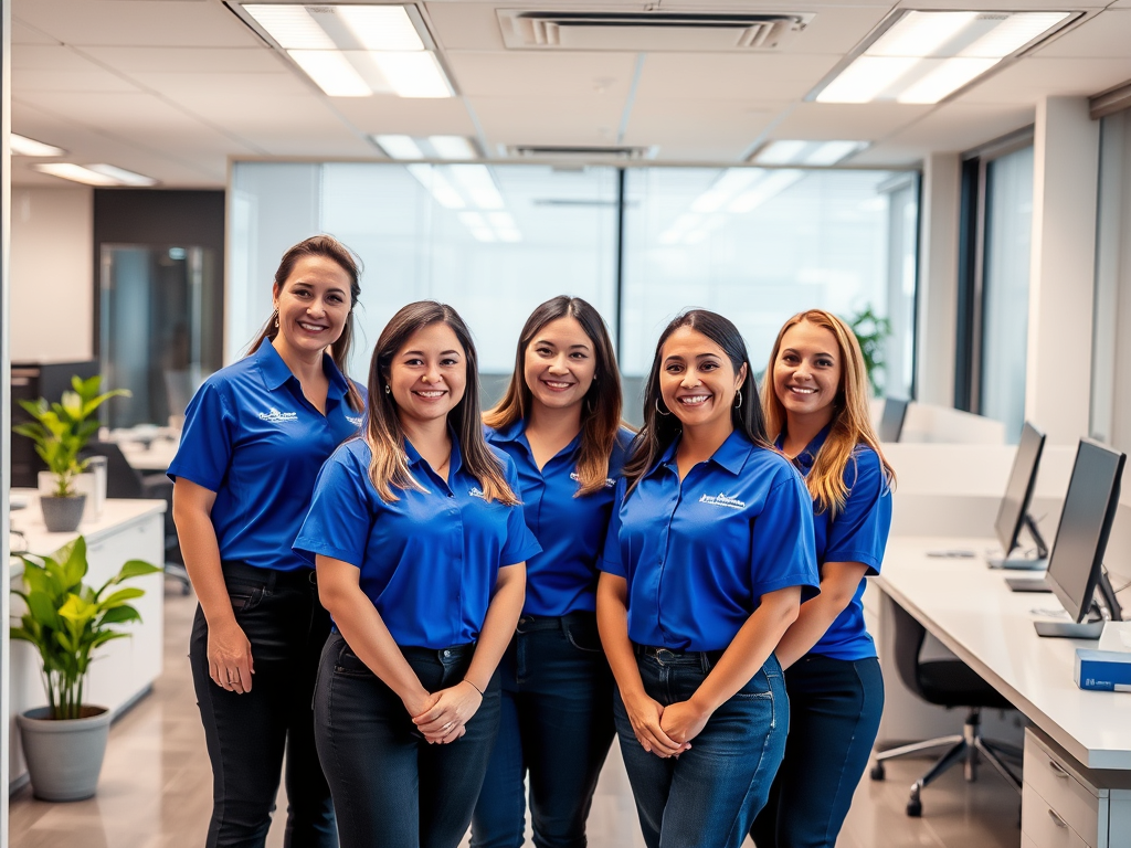 Schmid Custom Cleaning team of professional employees in blue uniforms.