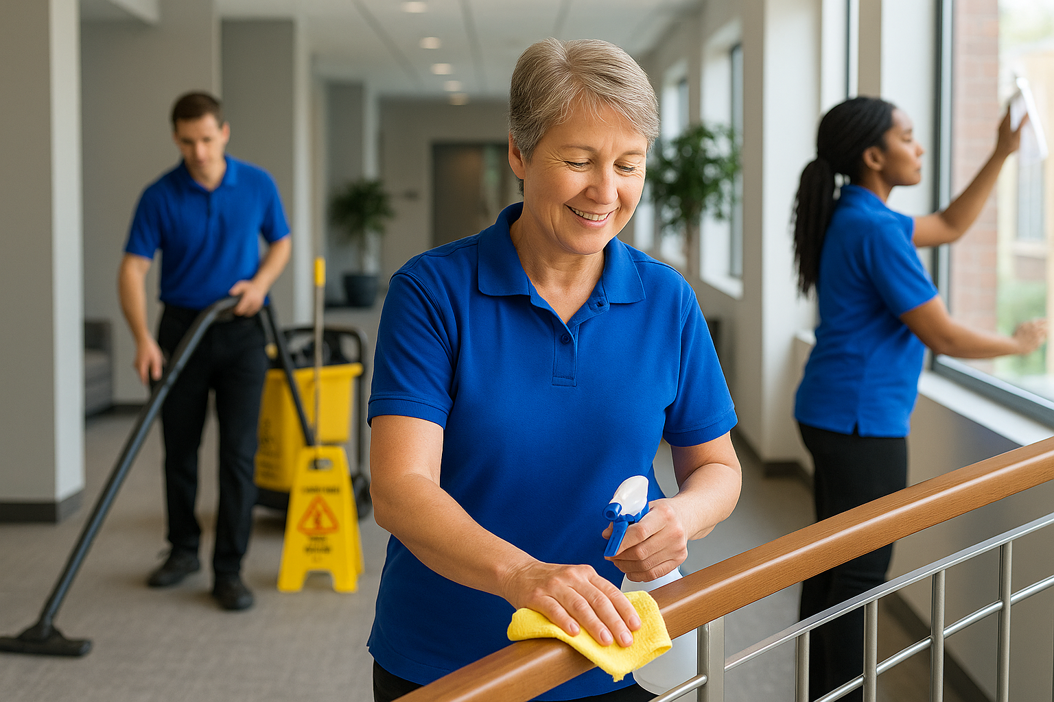 Employee from Schmid Custom Cleaning sanitizing an office desk with cleaning spray