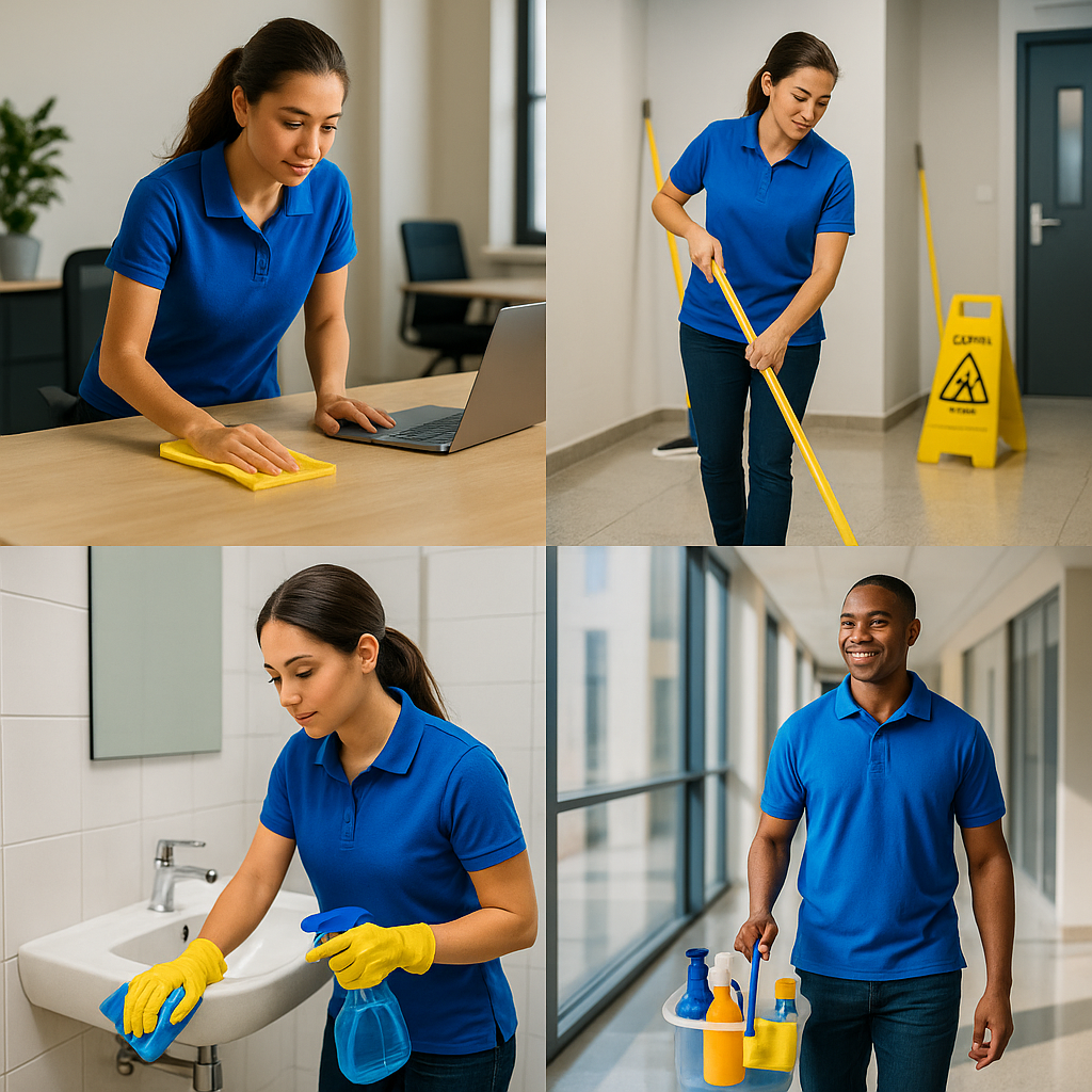 Comprehensive janitorial services tailored to your business needs Schmid Custom Cleaning team member inspecting and maintaining a freshly polished, spotless hallway floor.