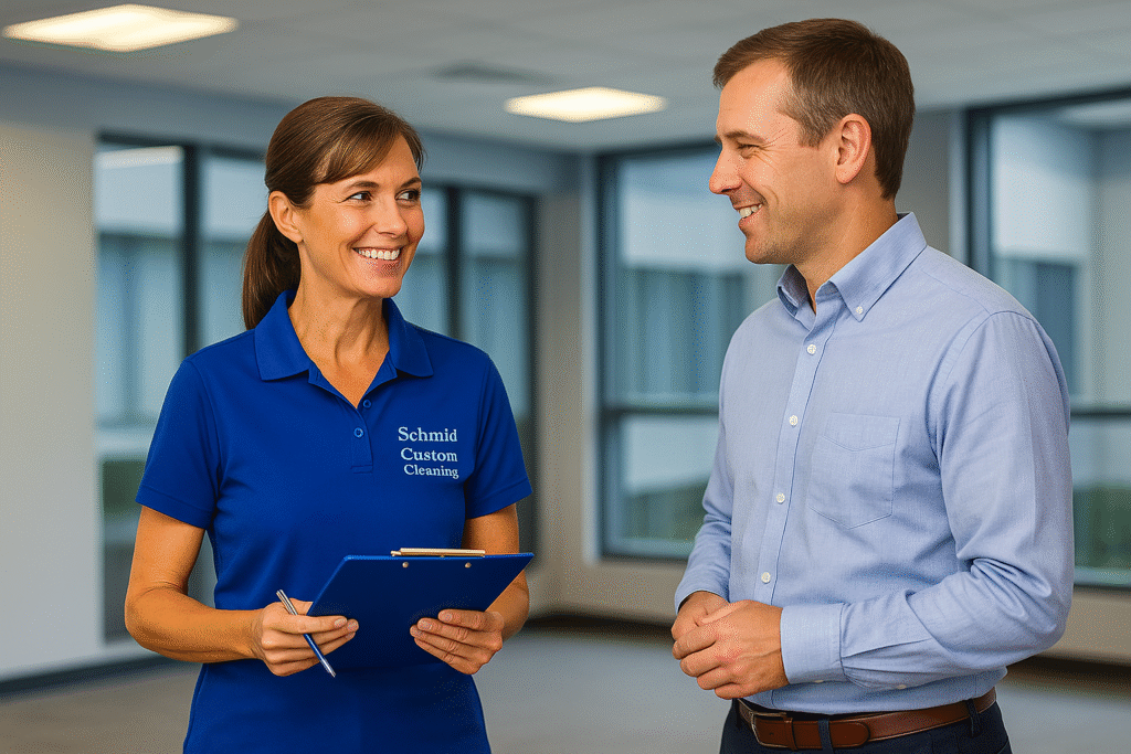 Schmid Custom Cleaning employee in blue polo talking with a business client