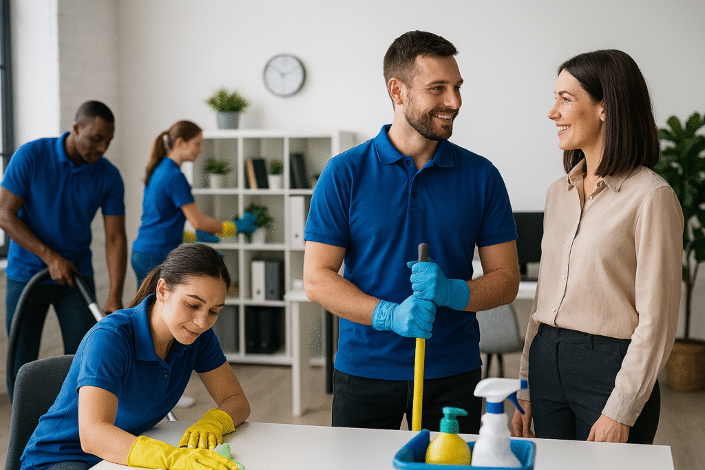 Schmid Custom Cleaning team in blue uniforms working in an office—staff vacuuming, wiping surfaces, and mopping floors while a supervisor interacts with a client