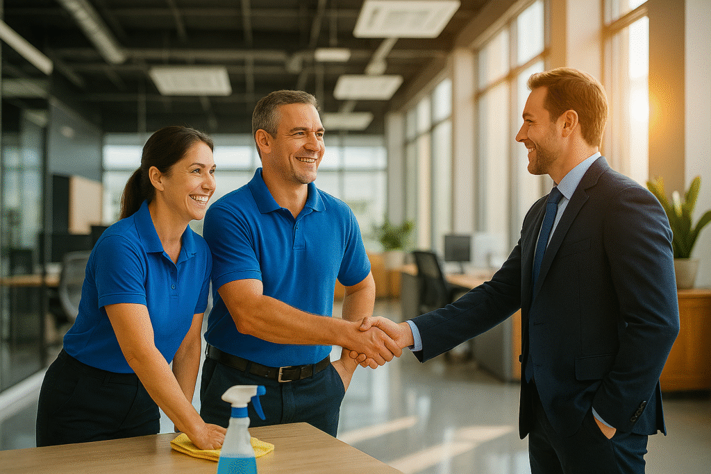 Schmid Custom Cleaning team greeting a business client Schmid Custom Cleaning team members in blue uniforms shaking hands with a business professional, symbolizing trusted office and facility cleaning partnerships.