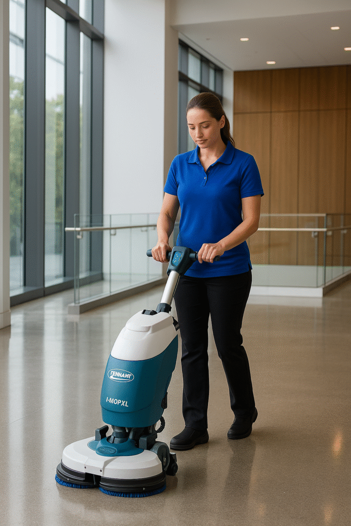 Detailed hallway cleaning for a spotless facility Team member from Schmid Custom Cleaning mopping a hallway, showcasing reliable facility maintenance and floor care.
