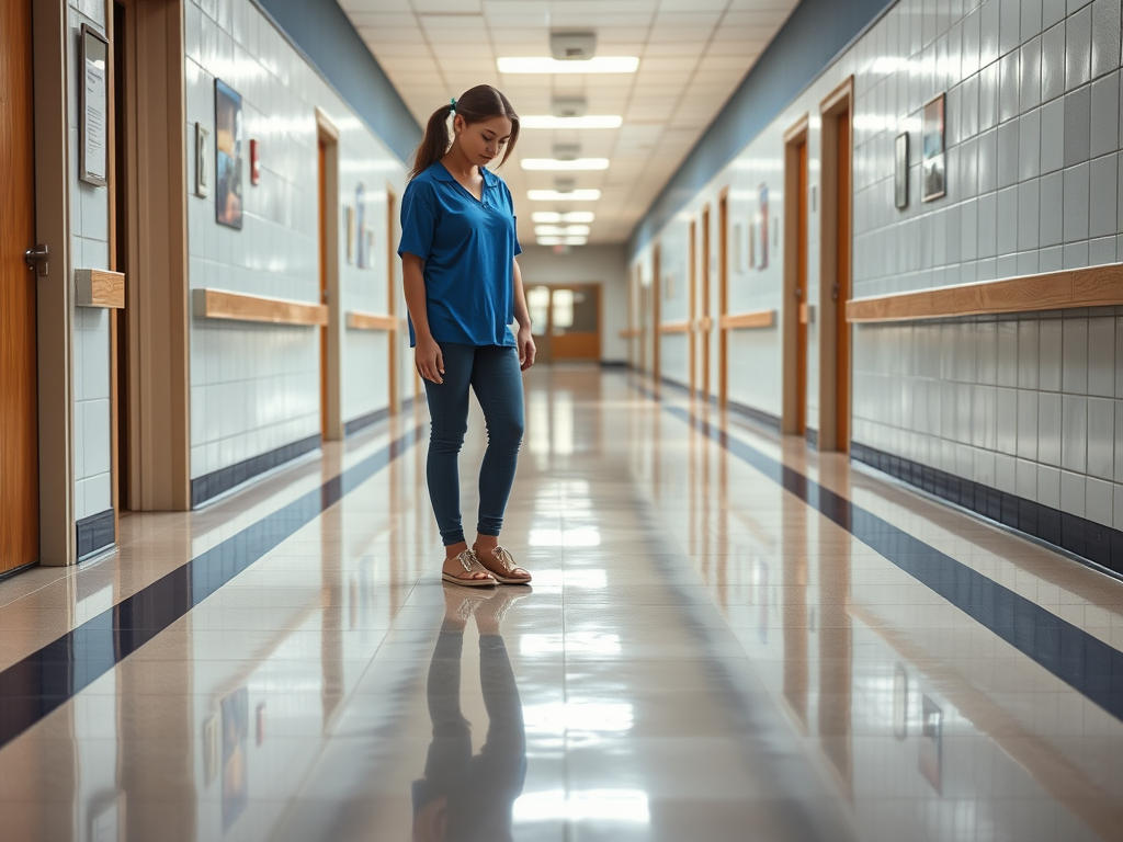 Specialized cleaning services for spotless, polished floors Schmid Custom Cleaning employee inspecting a freshly cleaned, shiny hallway floor to ensure quality results.