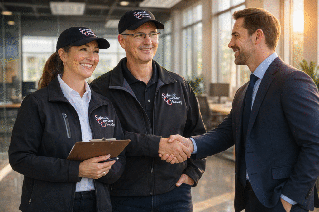 Michele and Terry meeting business client Schmid Custom Cleaning team members in blue uniforms shaking hands with a business professional, symbolizing trusted office and facility cleaning partnerships.