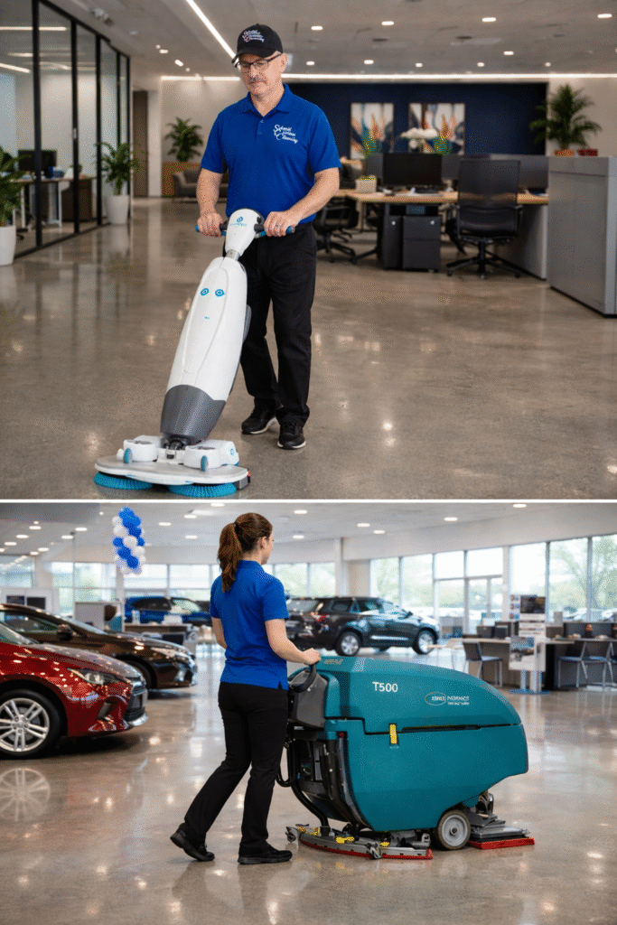 Professional commercial floor cleaning in office and car dealership settings in Fond du Lac using advanced scrubber equipment.