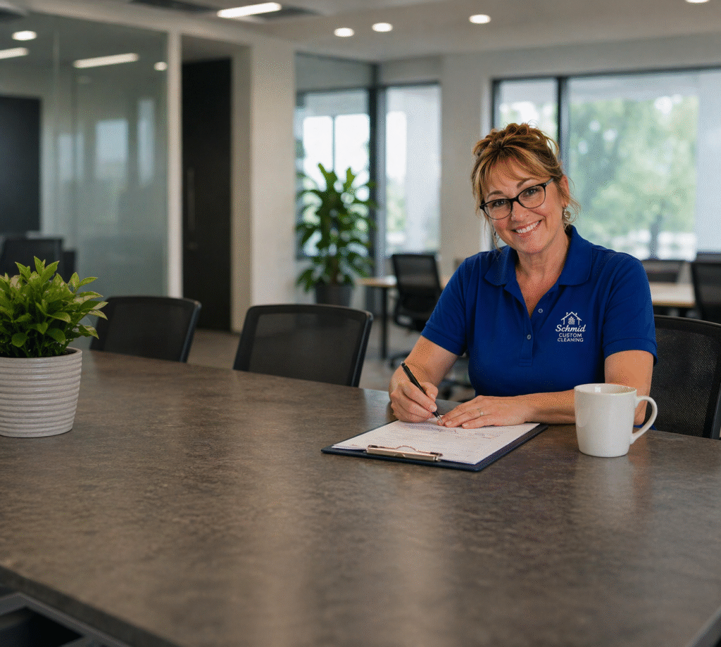 Schmid Custom Cleaning owner reviewing service details with client in professional office setting in Fond du Lac Wisconsin