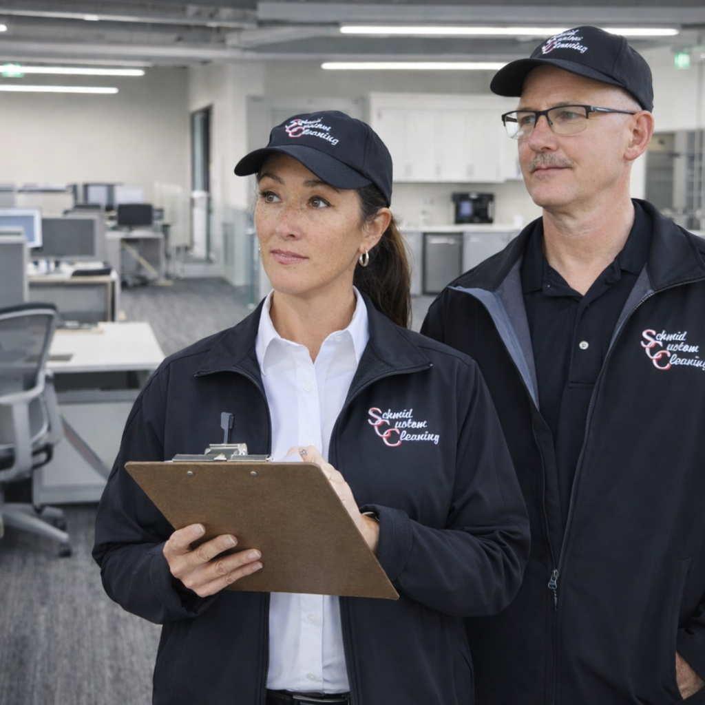 Commercial cleaning business owners inspecting an office facility in Fond du Lac WI