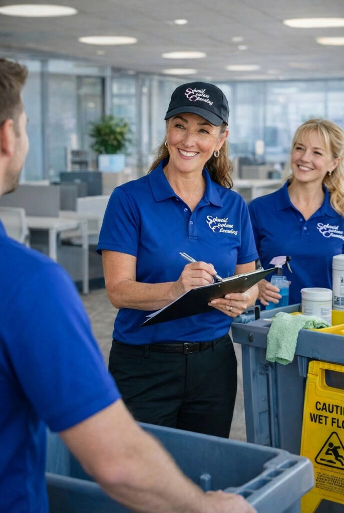 Commercial cleaning supervisor inspecting work with staff in a Fond du Lac office