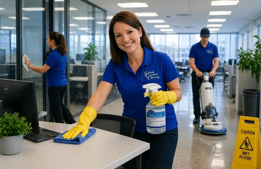Schmid Custom Cleaning team performing office cleaning including disinfecting surfaces and floor care in a modern workplace