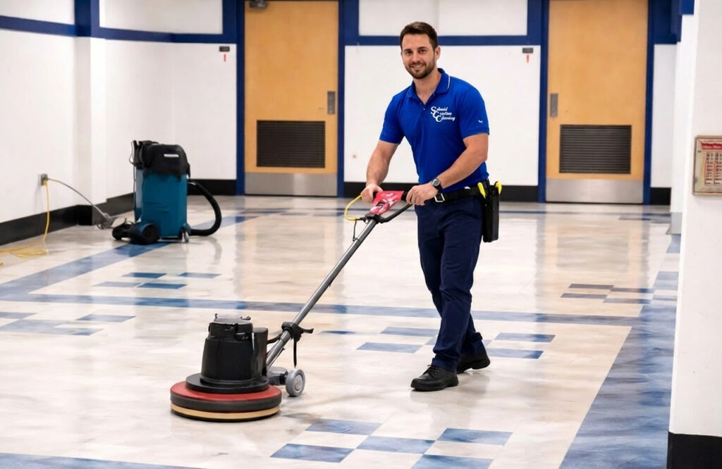 Schmid Custom Cleaning employee using a floor buffer to clean and polish commercial tile flooring
