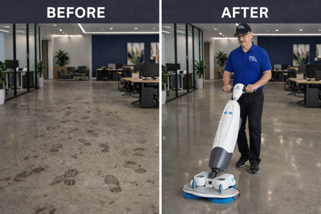 Before and after commercial floor cleaning showing removal of heavy foot traffic dirt in Fond du Lac WI office