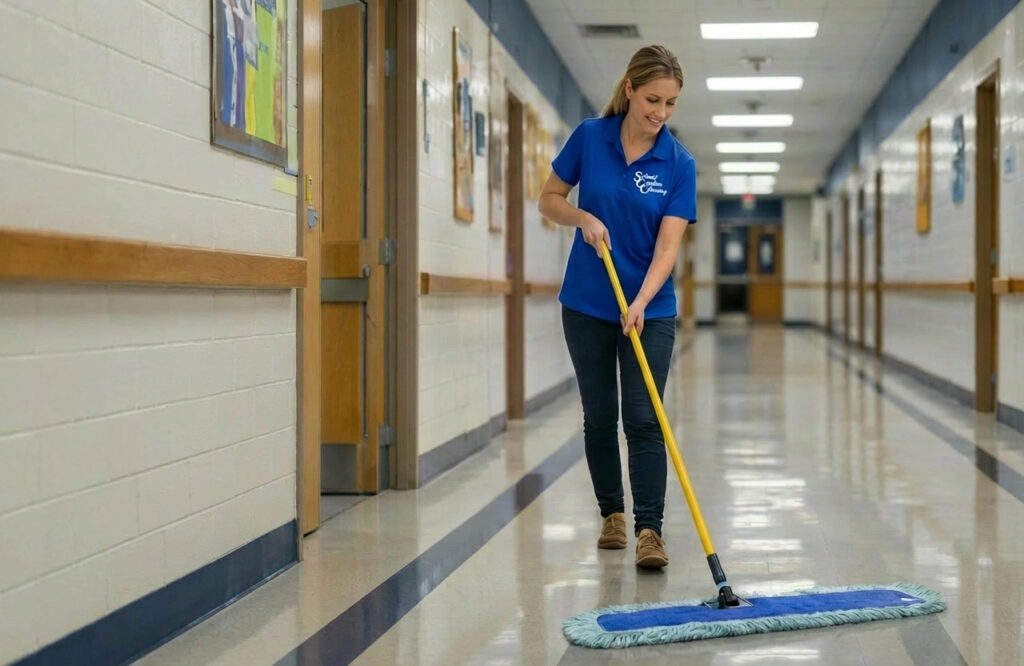 Professional cleaner dust mopping a commercial hallway floor in Fond du Lac Wisconsin