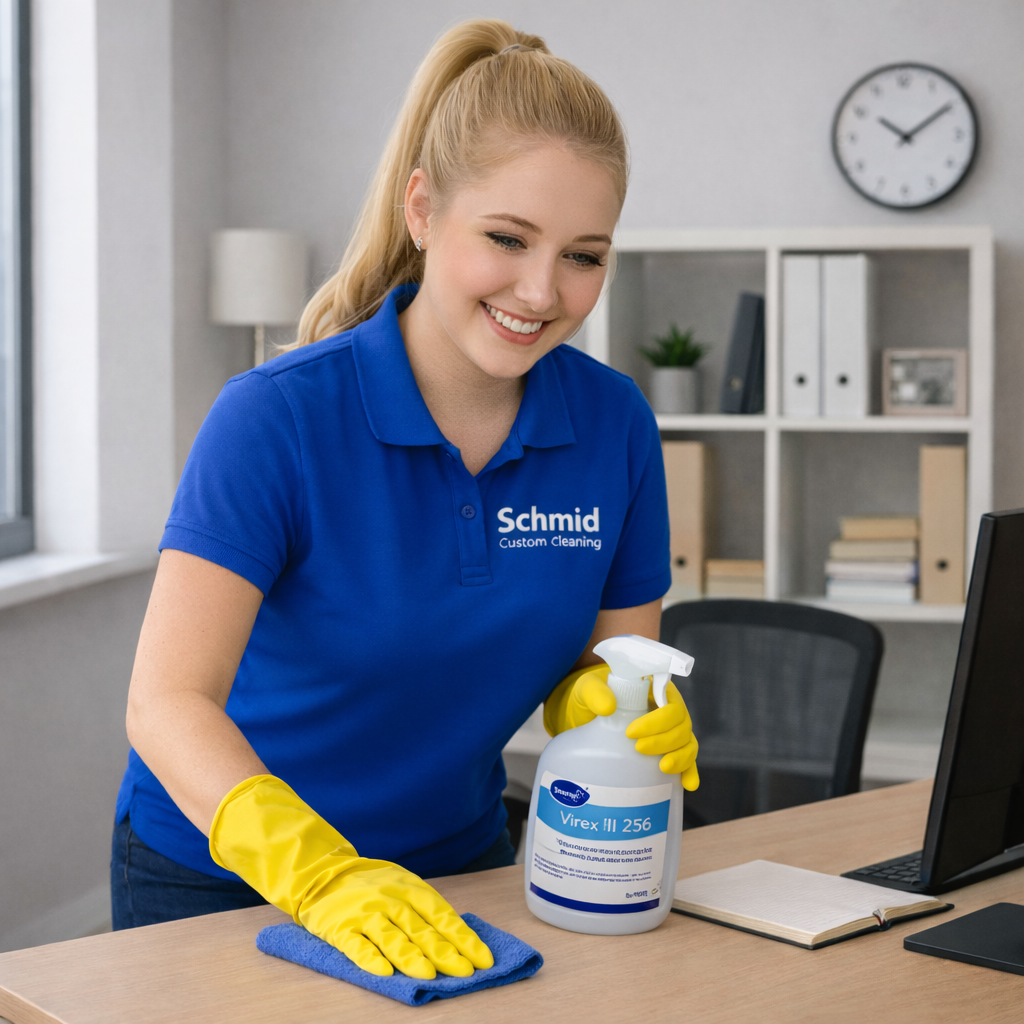 Office cleaning technician in Fond du Lac disinfecting desk with Virex cleaner – Schmid Custom Cleaning