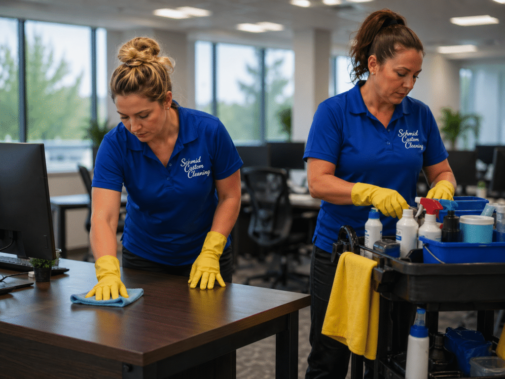 Commercial cleaning team wiping desks and preparing supplies during office cleaning service