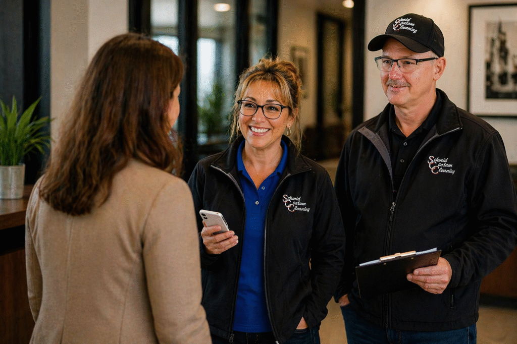 Michele and Terry Schmid discussing a commercial cleaning plan with a client in an office setting