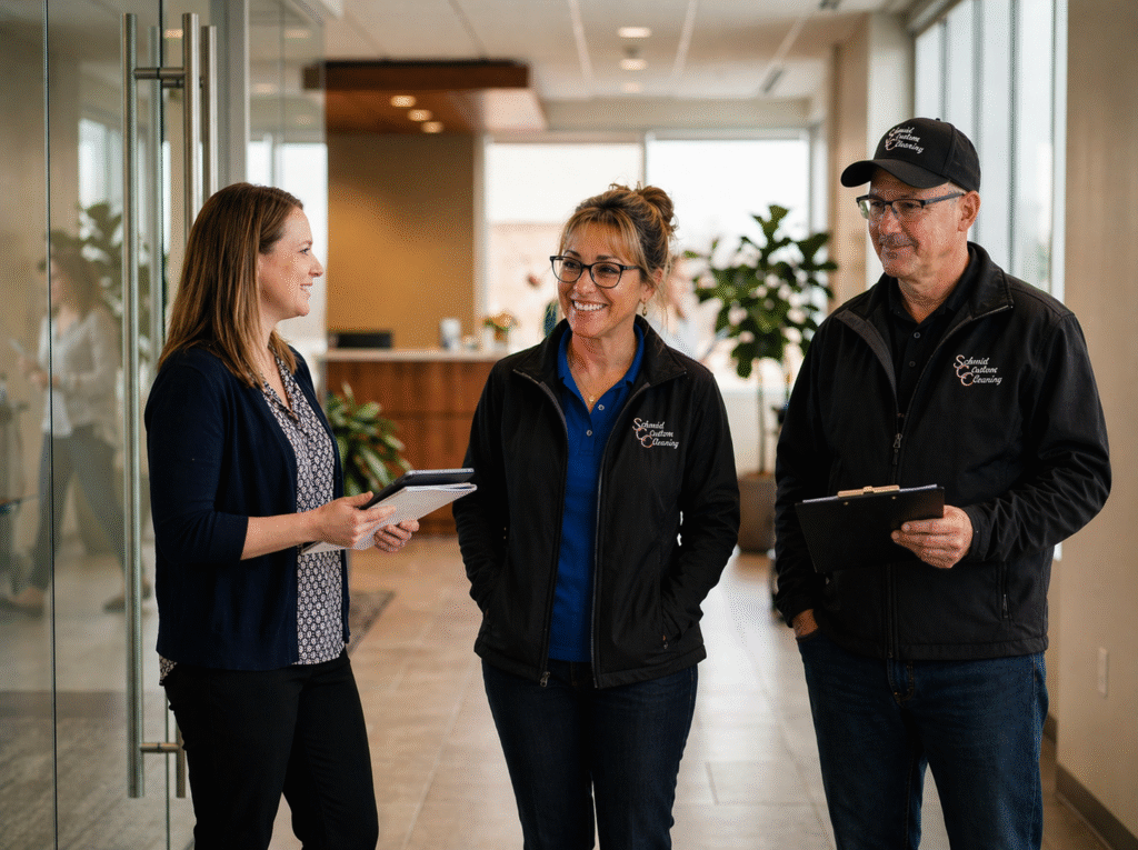 Michele and Terry Schmid meeting with a client to discuss commercial cleaning services in an office setting