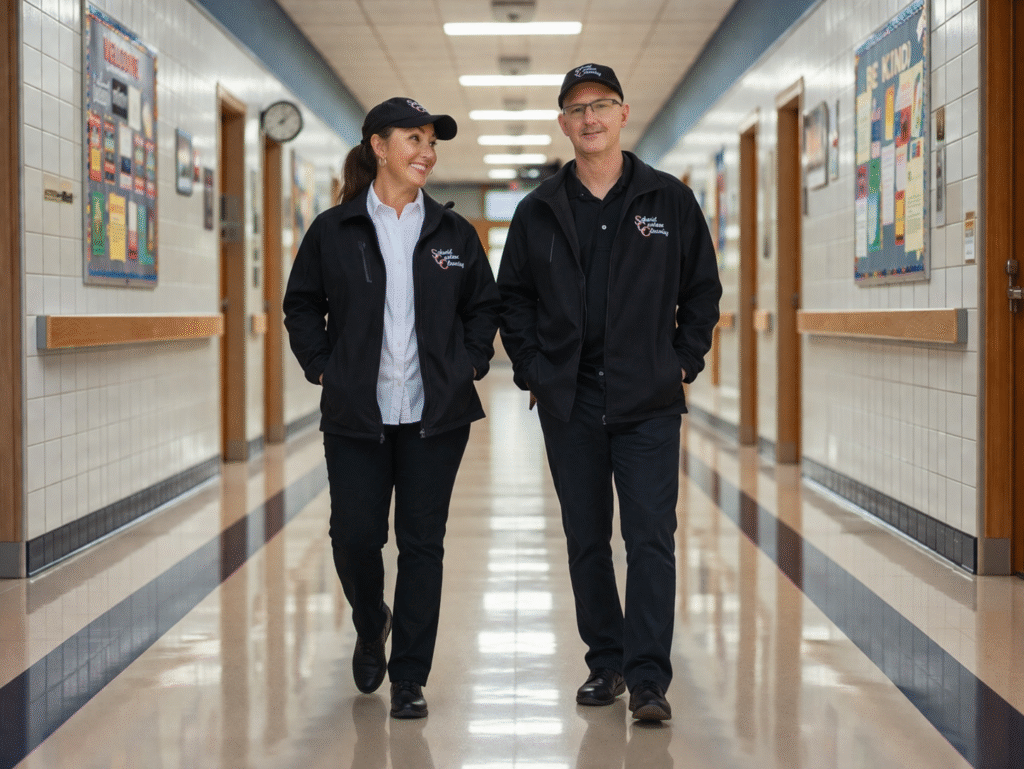 Michele and Terry Schmid, owners of Schmid Custom Cleaning, walking through a commercial facility in Fond du Lac, Wisconsin