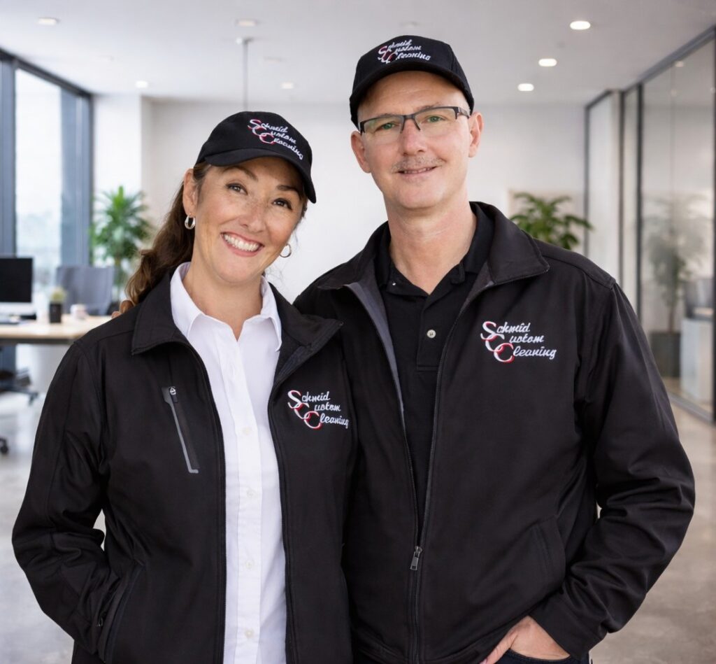 Michele and Terry Schmid, owners of Schmid Custom Cleaning, standing in a modern office in Fond du Lac, Wisconsin