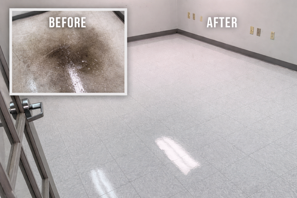 Before and after VCT tile floor cleaning in a commercial office showing heavily soiled floor restored to a clean polished finish